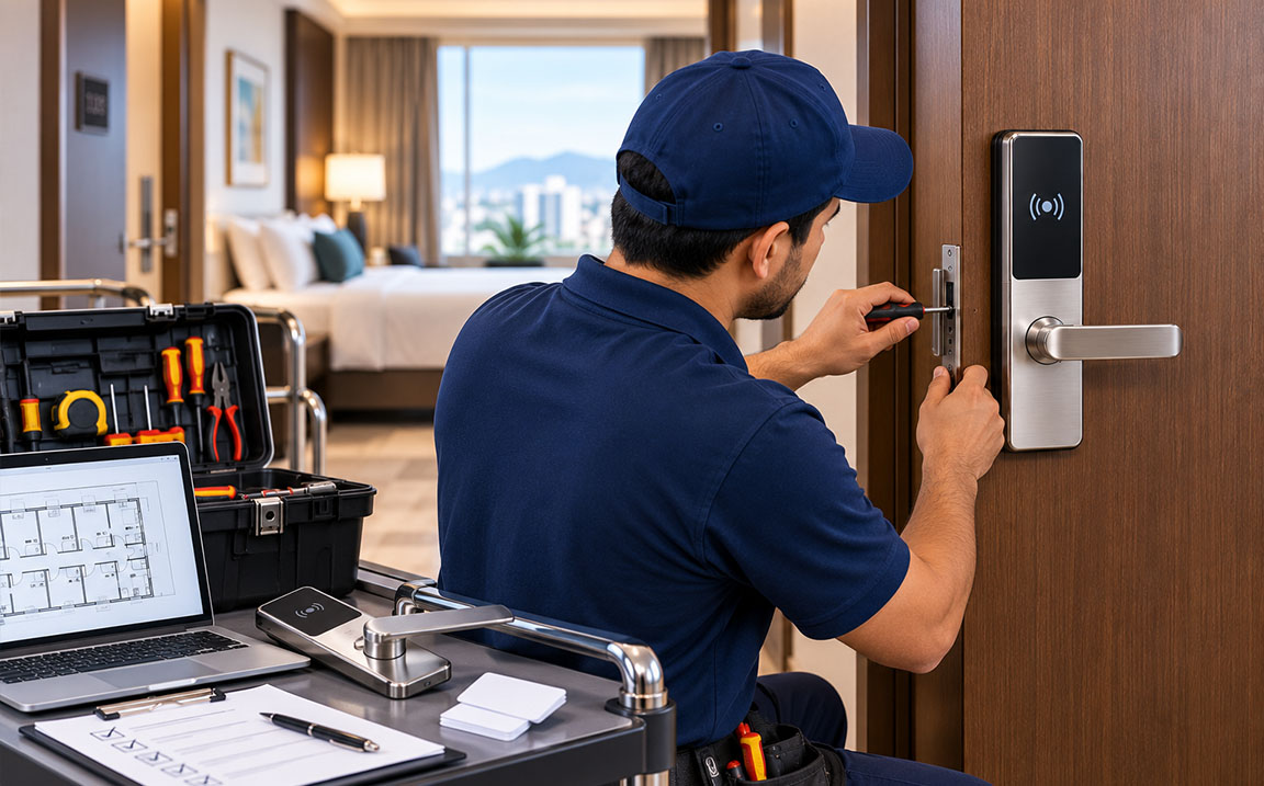 Professional hotel door lock installation service technician mounting RFID lock