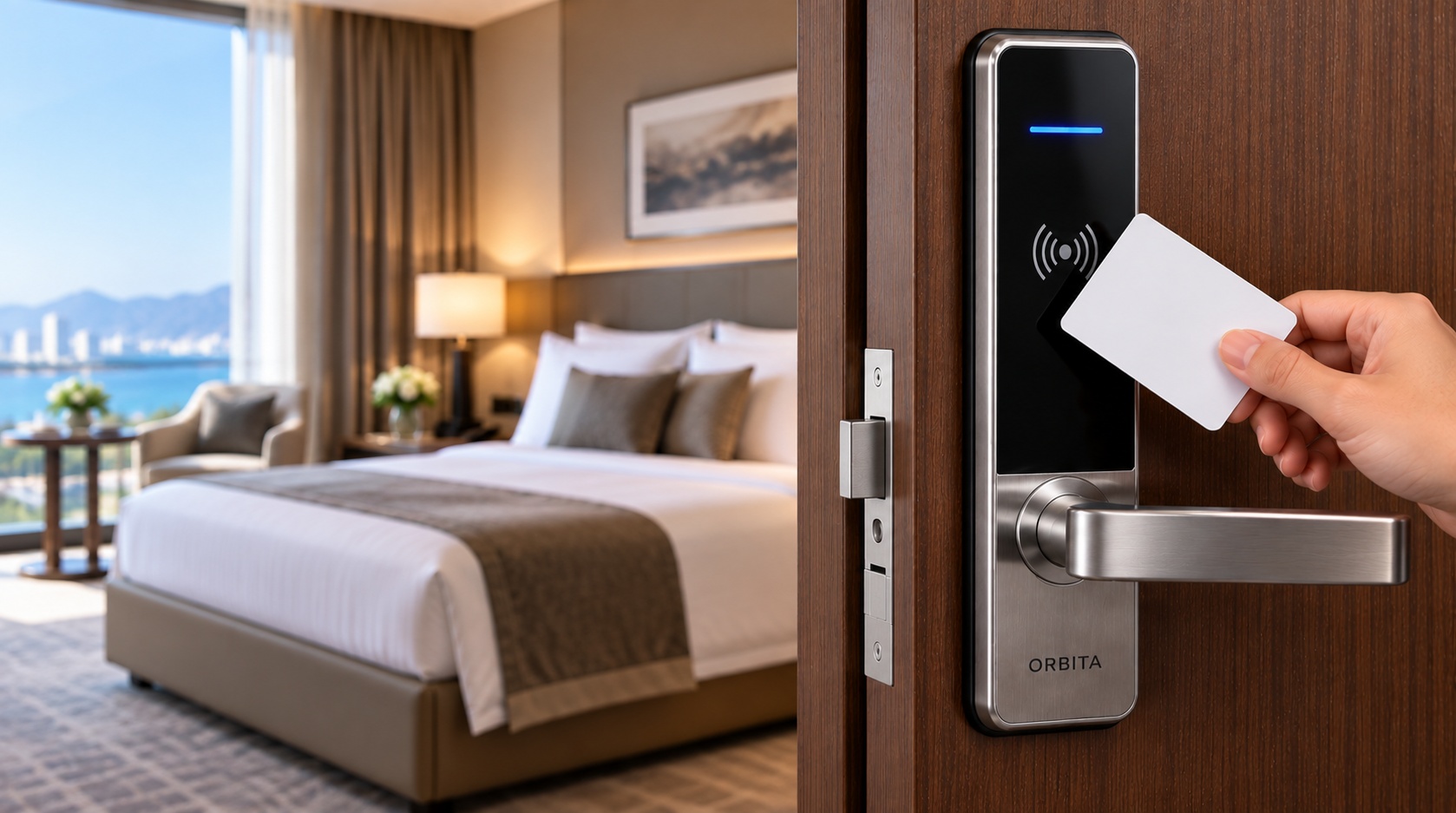 ORBITA RFID Hotel Door Lock System installed on hotel room door in Muscat Oman